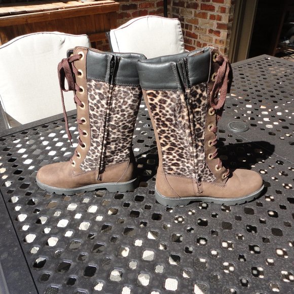 TIMBERLAND Women's Leopard Print Tall Leather Lace Up Boots Size 6